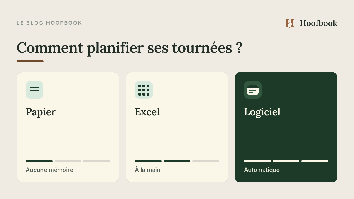 Comparatif : papier, Excel et logiciel pour planifier les tournées d’un maréchal-ferrant — le logiciel automatise ce que les deux autres font à la main.