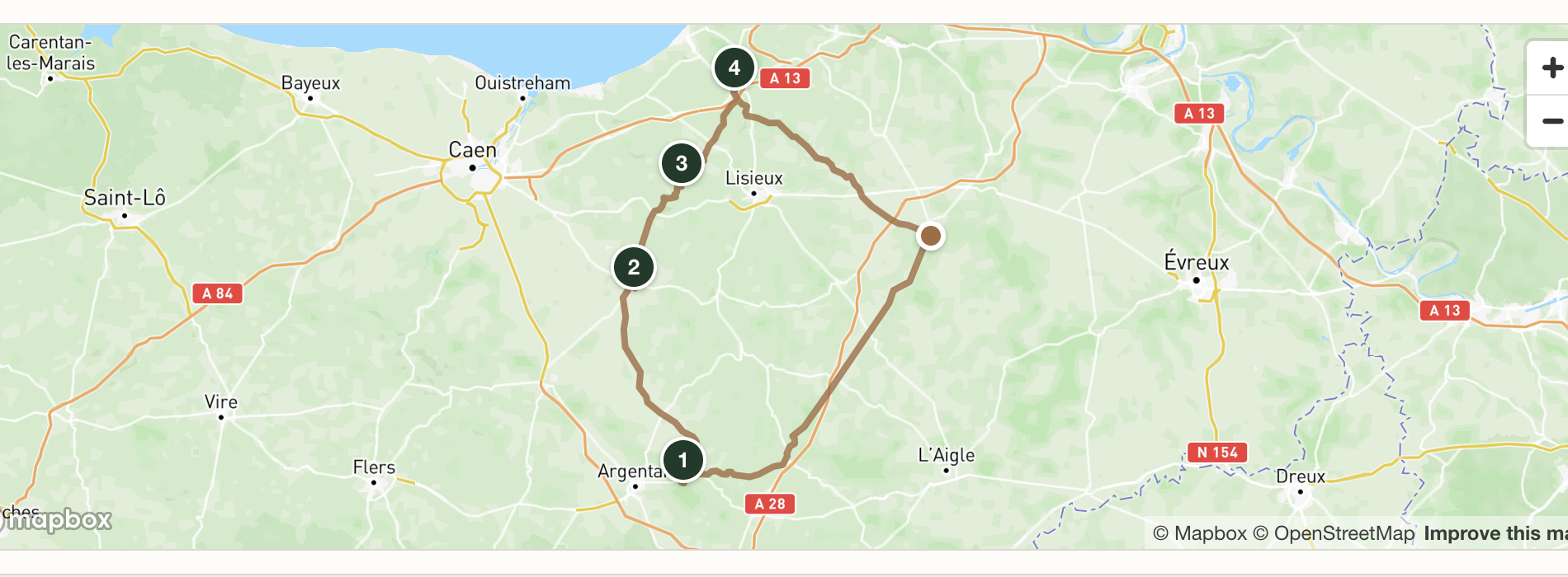 Itinéraire au moins cher entre quatre arrêts en Normandie, sans péages.