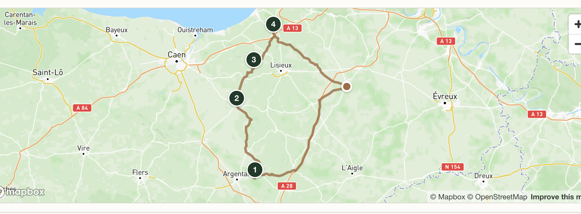 Itinéraire au plus rapide entre quatre arrêts en Normandie, autoroute A13 incluse.