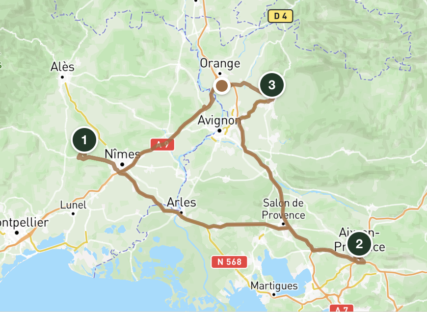 Optimised route between three stables in Provence: Nîmes, Avignon, Aix-en-Provence.